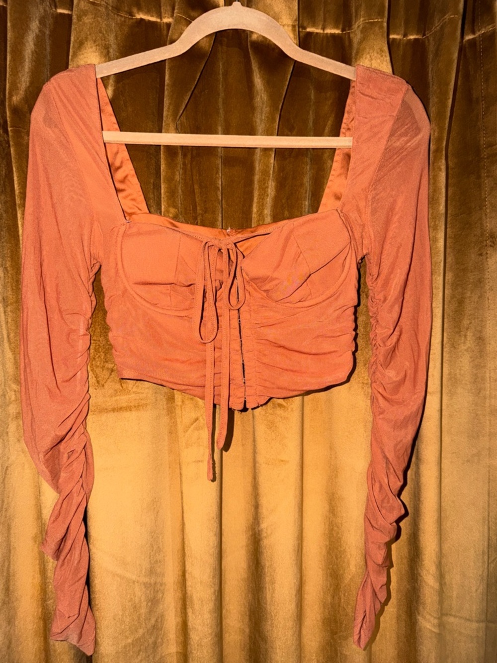 Women's Rust Orange Long Sleeve Ruched Corset Top